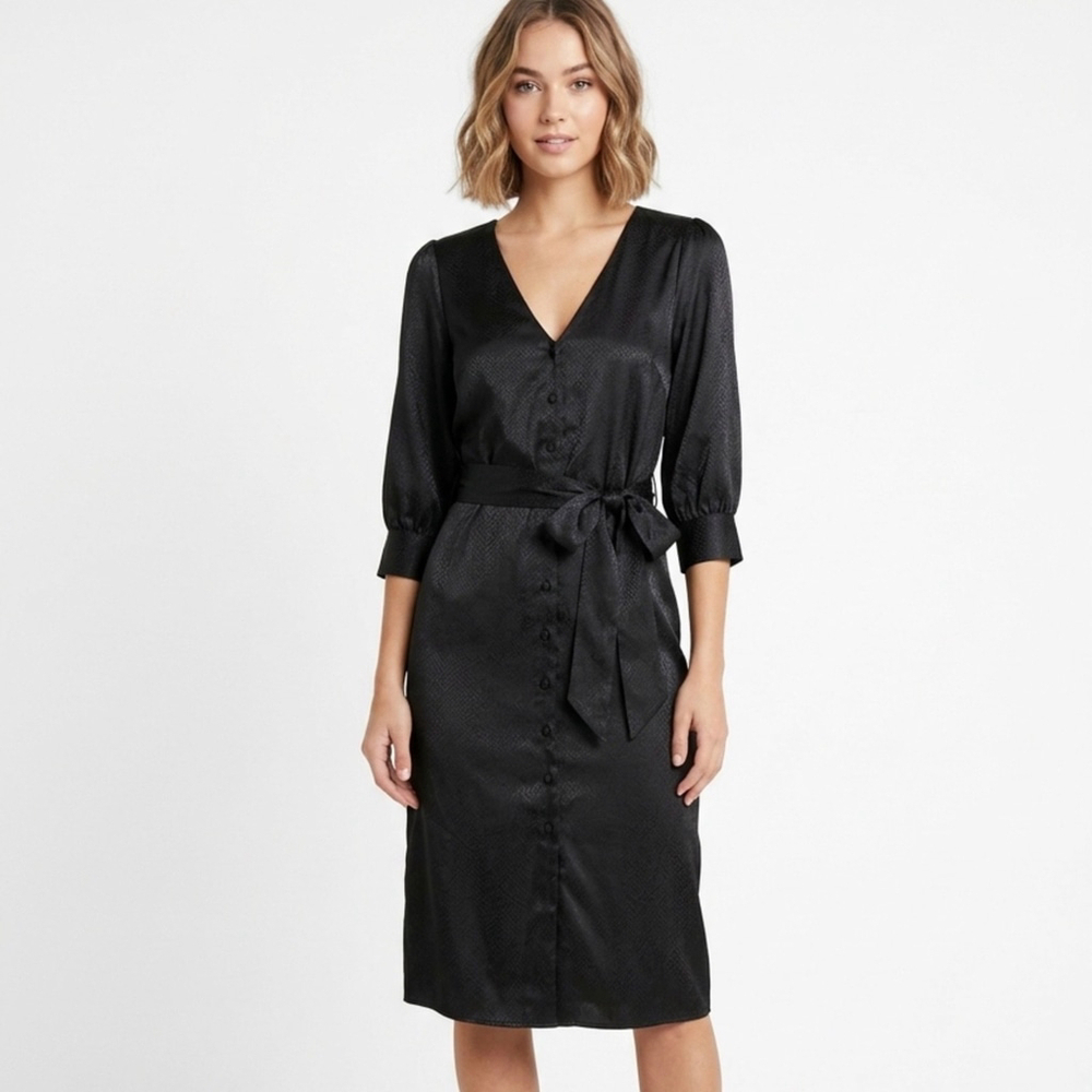 White House Black Market Black Snakeskin Button Front Belted Shirt Dress Size 4
